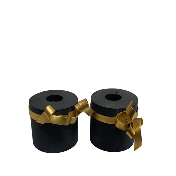 Black Soapstone Taper Candleholders Goldtone Metal Ribbon - Picture 1 of 6
